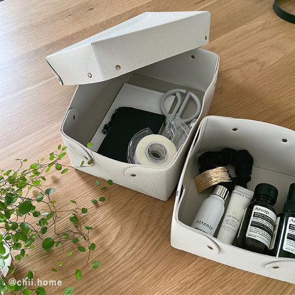 ガウンレザー 箱あり bon moment 中身が隠せる 蓋付き フェイクレザー収納ボックス M