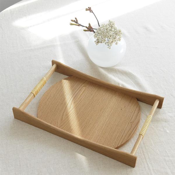 天然木と籐で作った サービングトレイ お盆／木工 束の間【送料無料