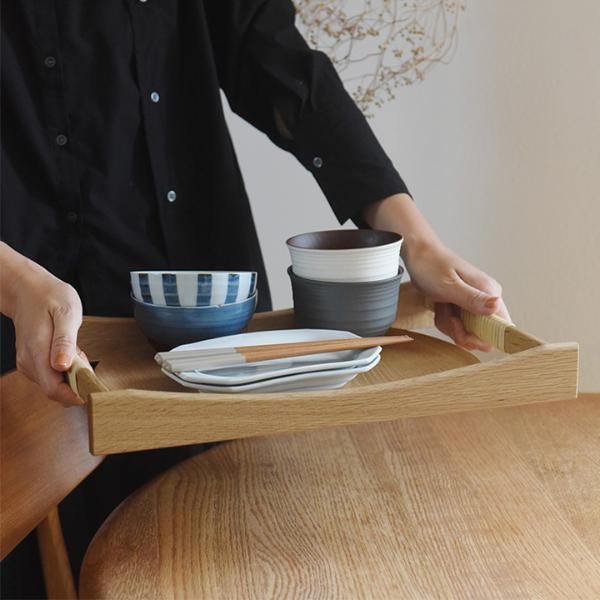 天然木と籐で作った サービングトレイ お盆／木工 束の間【送料無料