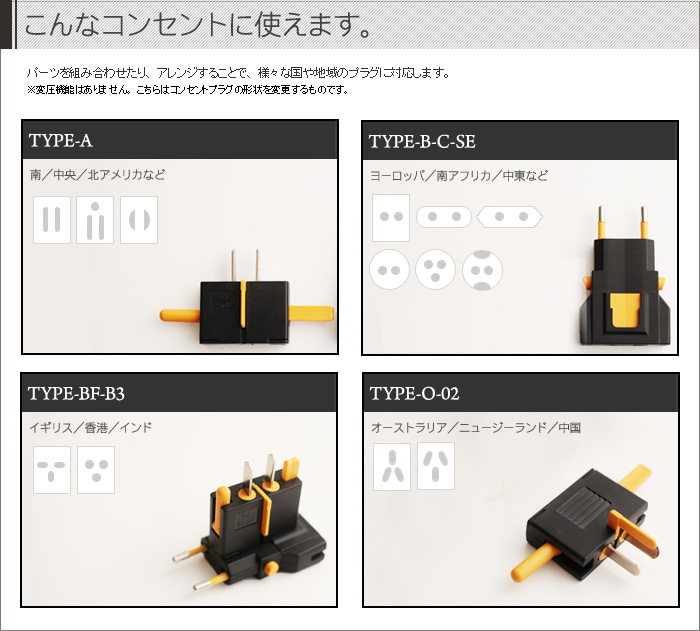 パーツを組み合わせたり、アレンジすることで各国のプラグに対応。