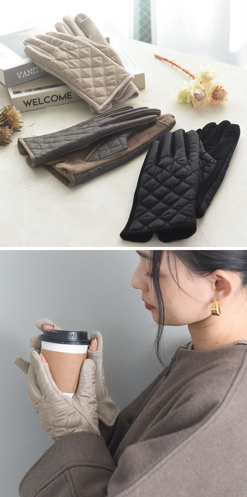 内側ファーで暖かい 指スリット入り スエード切替 キルティンググローブ／Agreable アグレアーブル