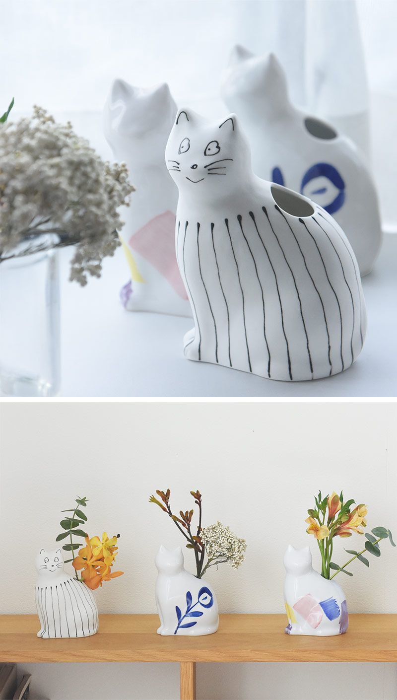 子猫の花器 フラワーベース 波佐見焼／『愛 編む 磁器猫』 ひがし ちか