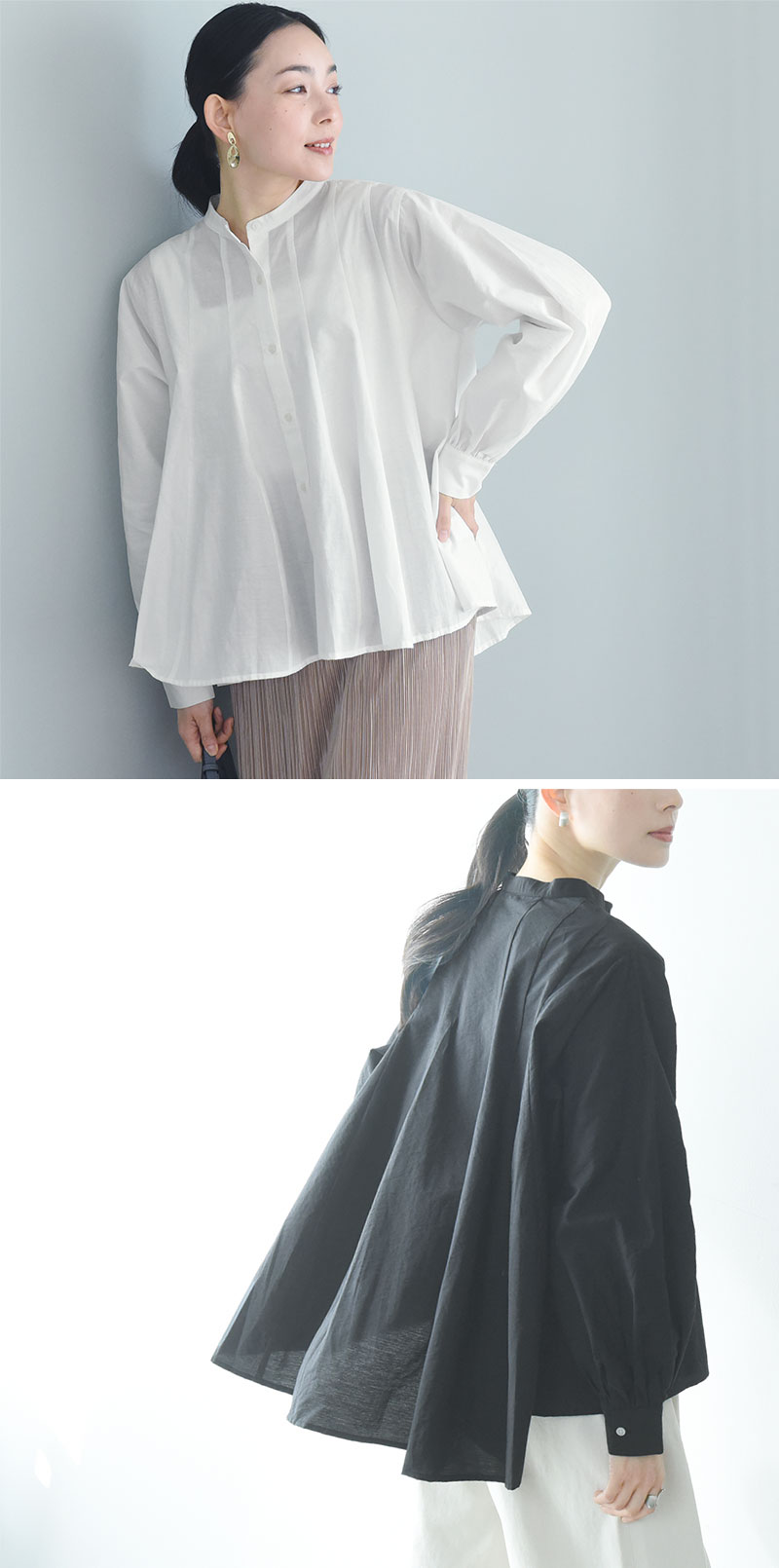 切替デザインでスッキリ見え バンドカラー フレアブラウス／Agreable アグレアーブル