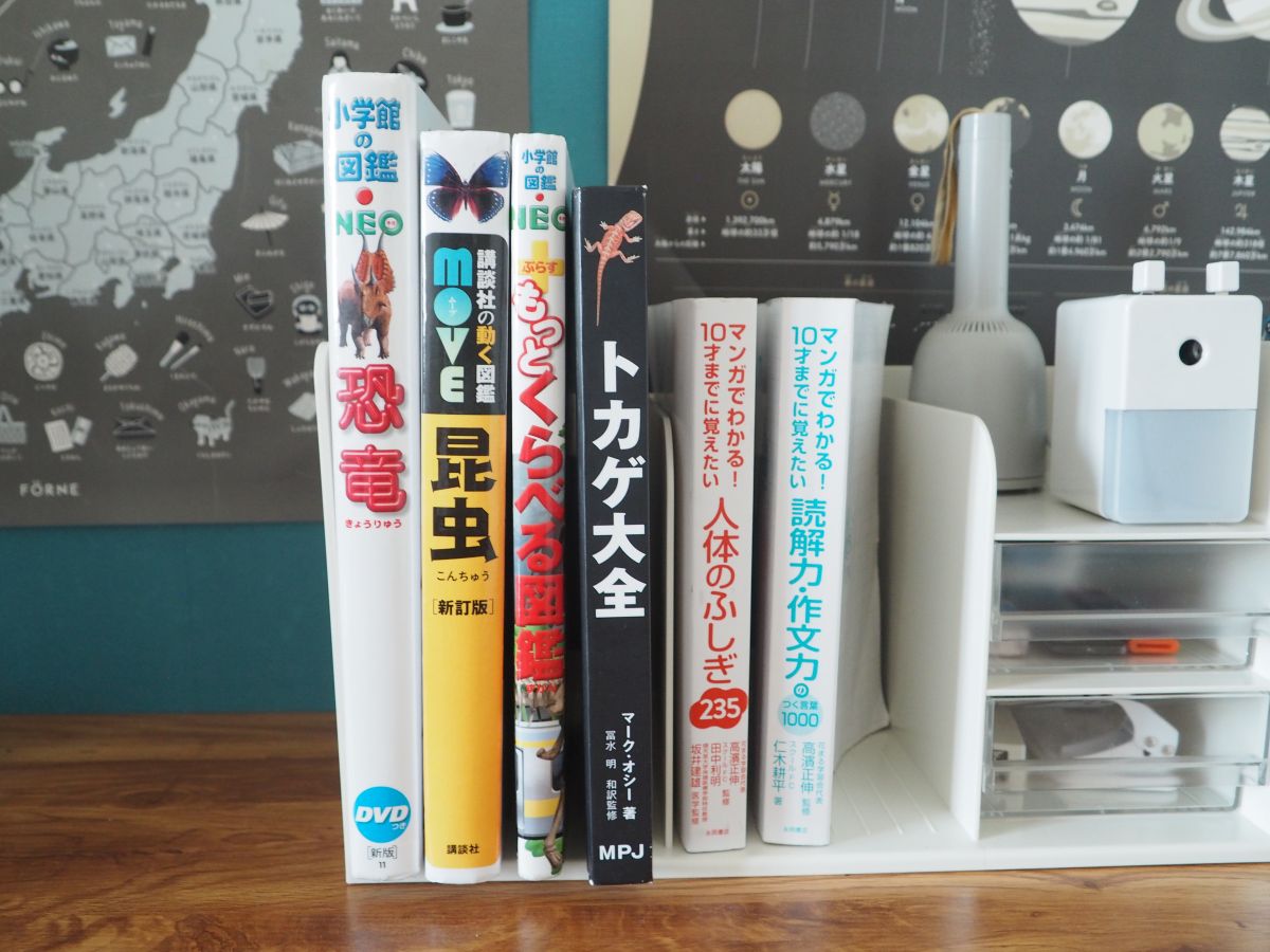 ノートも文房具も散らからない！置くだけで学習机が整う「多機能ブックスタンド」